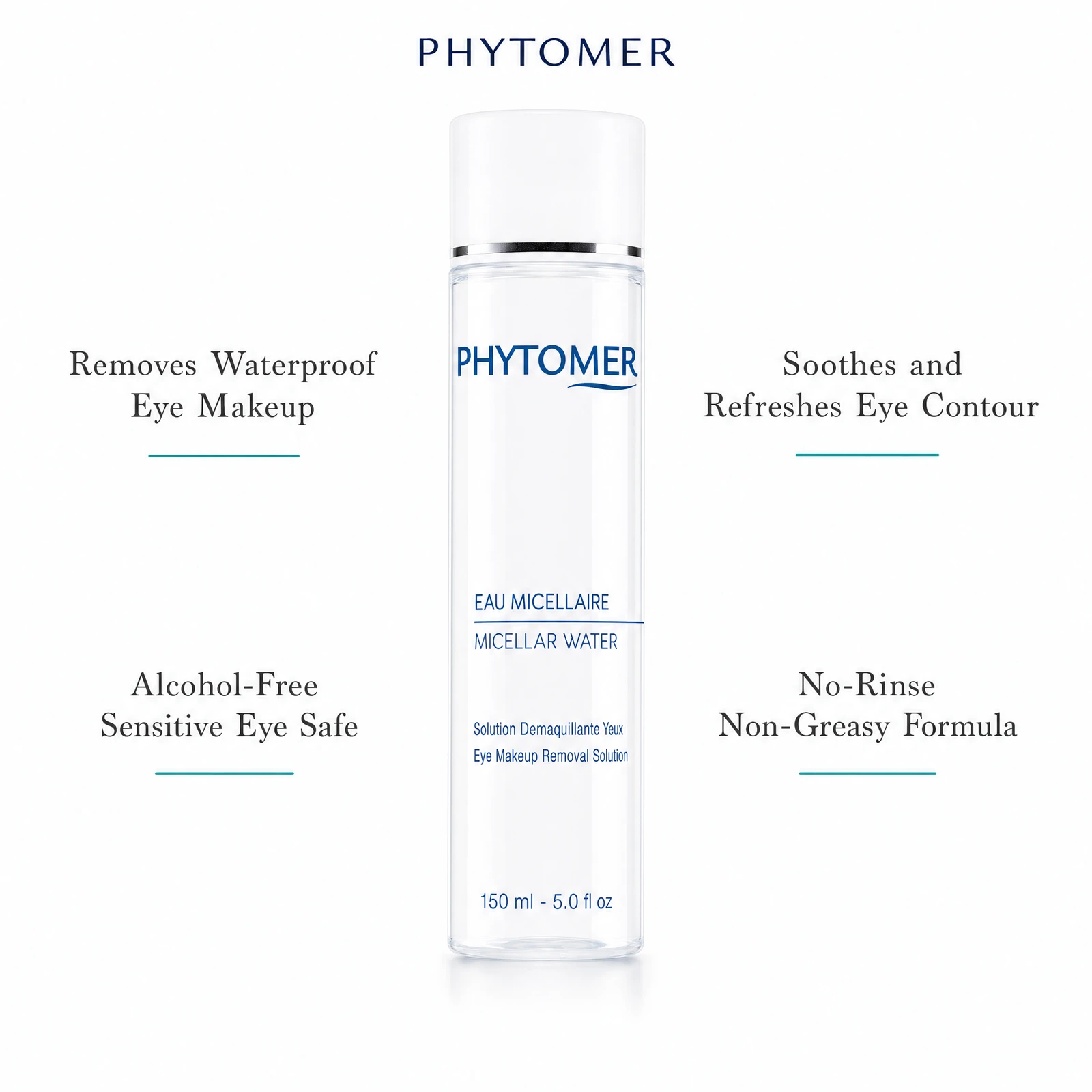 Phytomer Micellar Water Eye Makeup Removal Solution 150ml with four benefit callouts: Removes Waterproof Eye Makeup, Alcohol-Free Sensitive Eye Safe, Soothes and Refreshes Eye Contour, No-Rinse Non-Greasy Formula