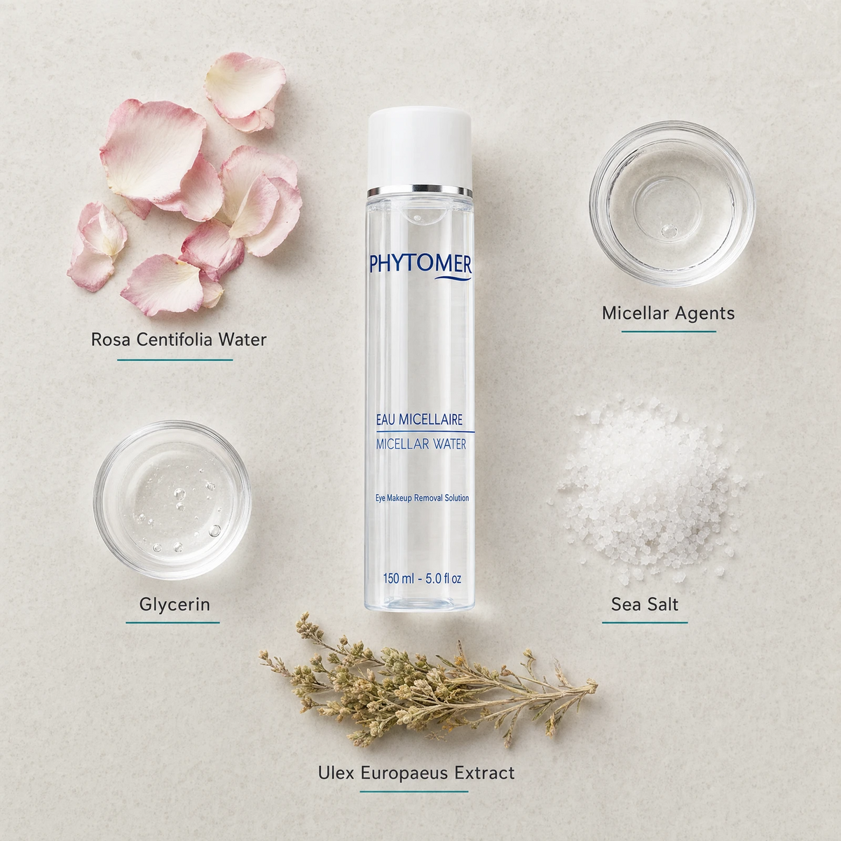 Phytomer Micellar Water Eye Makeup Removal Solution 150ml flatlay on limestone surface with Rosa Centifolia Water, Micellar Agents, Glycerin, Sea Salt, and Ulex Europaeus Extract
