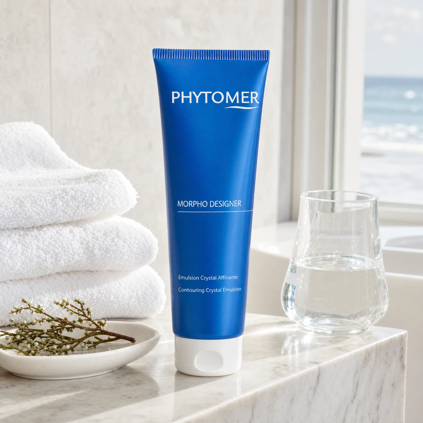 Phytomer Morpho Designer Contouring Crystal Emulsion 150ml on a marble bath surround with coastal botanical in ceramic dish, glass of water, white towels and sea view, premium at-home body care setting