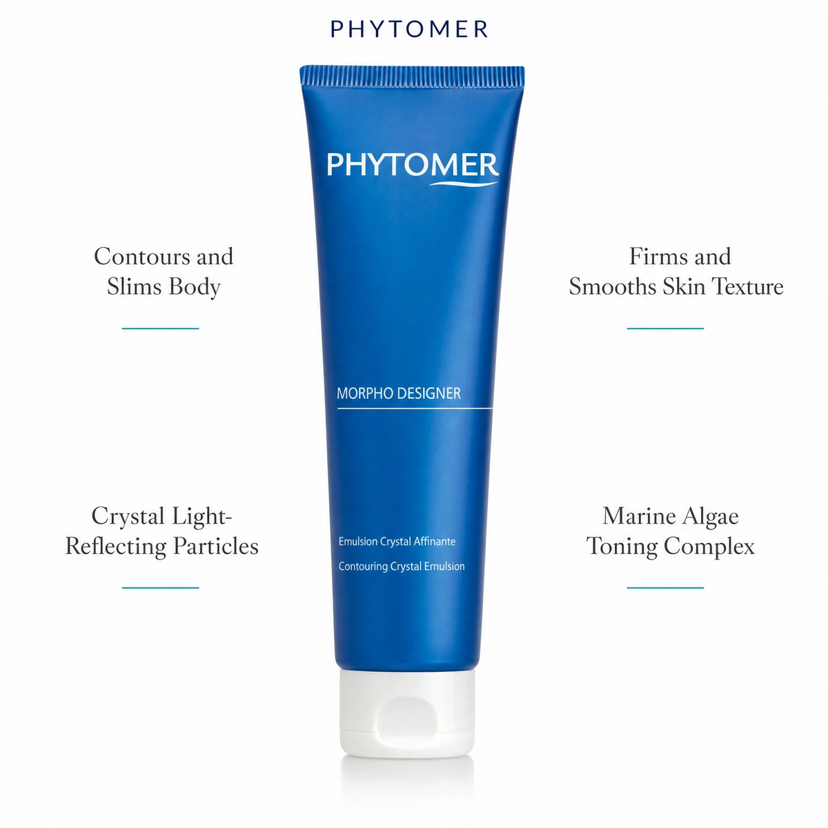 Phytomer Morpho Designer Contouring Crystal Emulsion 150ml with four benefit callouts: Contours and Slims Body, Crystal Light-Reflecting Particles, Firms and Smooths Skin Texture, Marine Algae Toning Complex