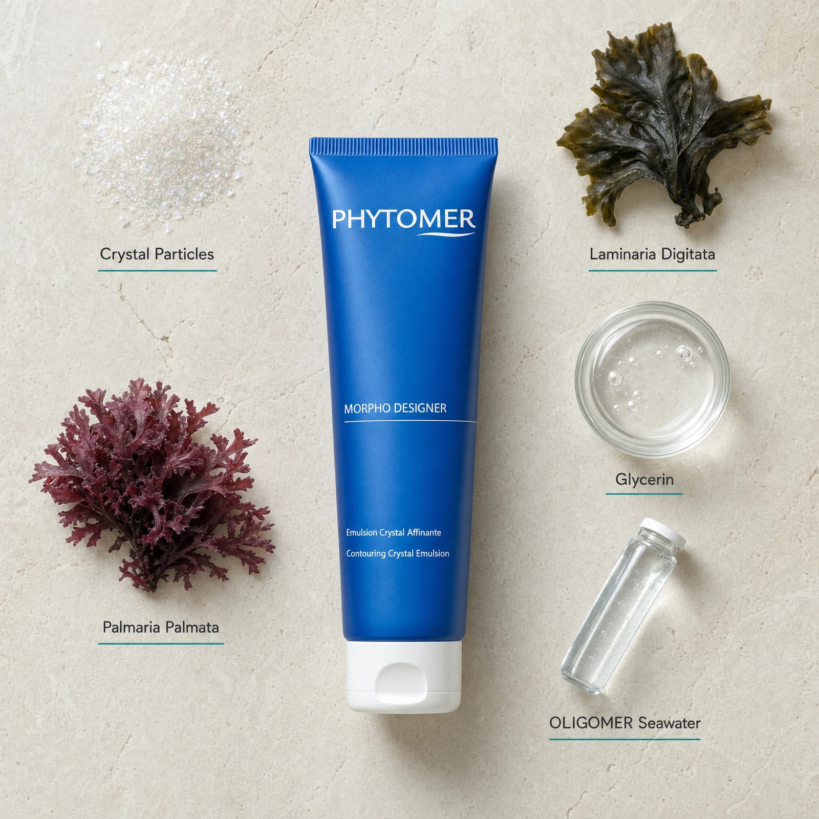 Phytomer Morpho Designer Contouring Crystal Emulsion 150ml flatlay on limestone surface with Crystal Particles, Laminaria Digitata, Palmaria Palmata, Glycerin, and OLIGOMER Seawater