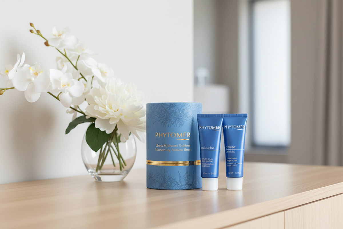 Phytomer Moisturizing Freshness Ritual skincare gift set with face and eye sorbet cream and nourishing hand cream beside blue presentation cylinder