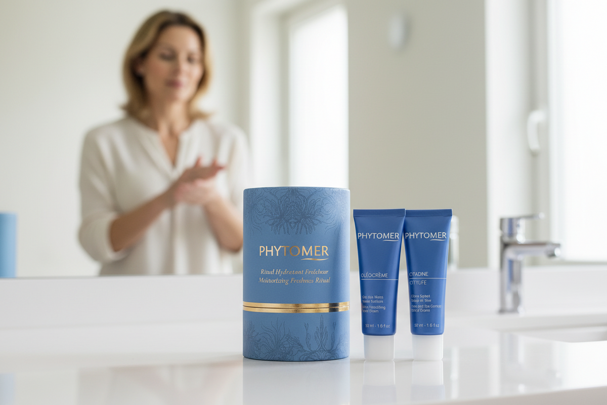 Phytomer Moisturizing Freshness Ritual on a bathroom counter with a blurred woman in the background