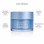 Phytomer Night Recharge Youth Enhancing Cream 50ml with four benefit callouts: Overnight Renewal and Repair, Gently Exfoliates with AHAs, Detoxifies and Firms Skin, Marine-Powered Youth Restoration