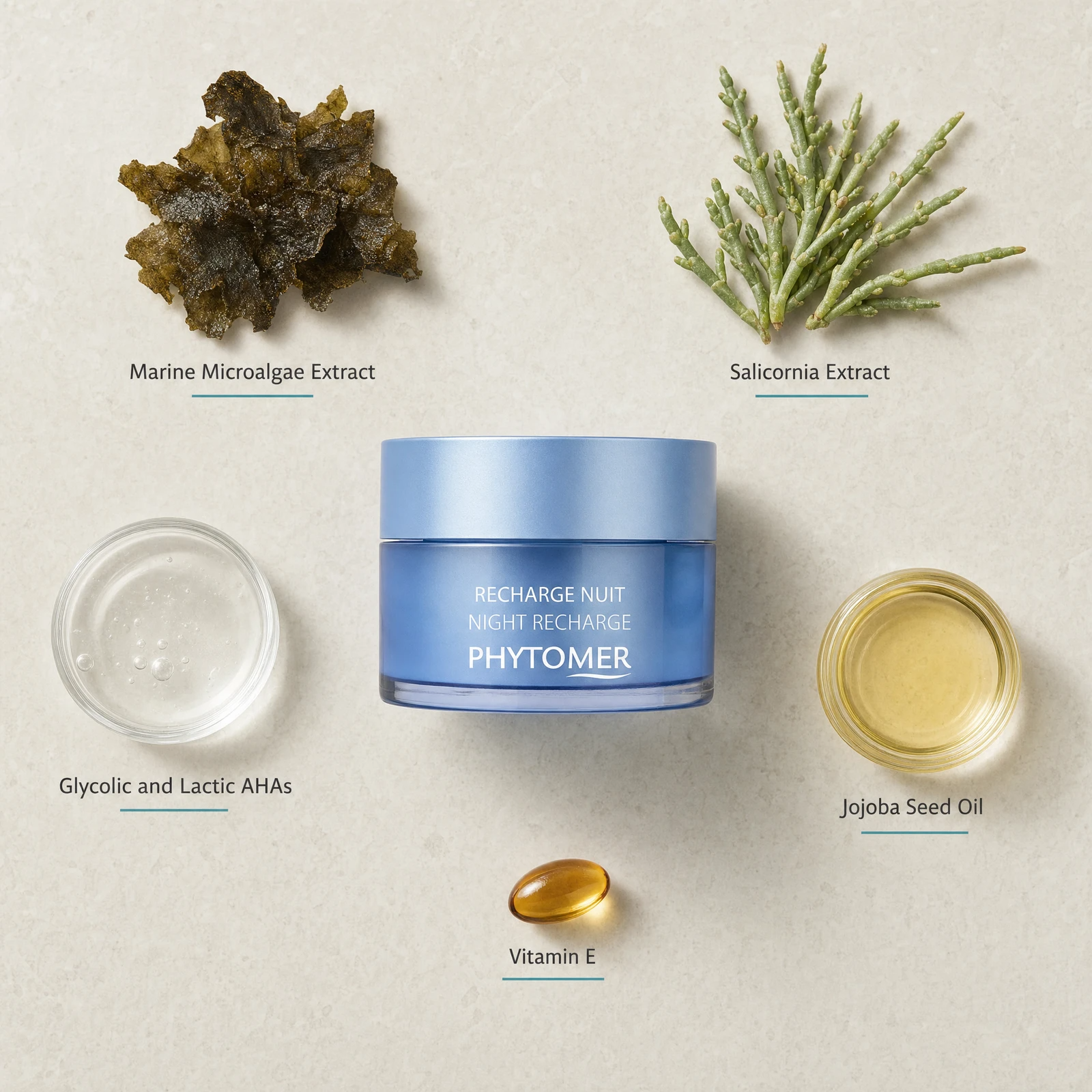 Phytomer Night Recharge Youth Enhancing Cream 50ml flatlay on limestone surface with Marine Microalgae Extract, Salicornia Extract, Glycolic and Lactic AHAs, Jojoba Seed Oil, and Vitamin E
