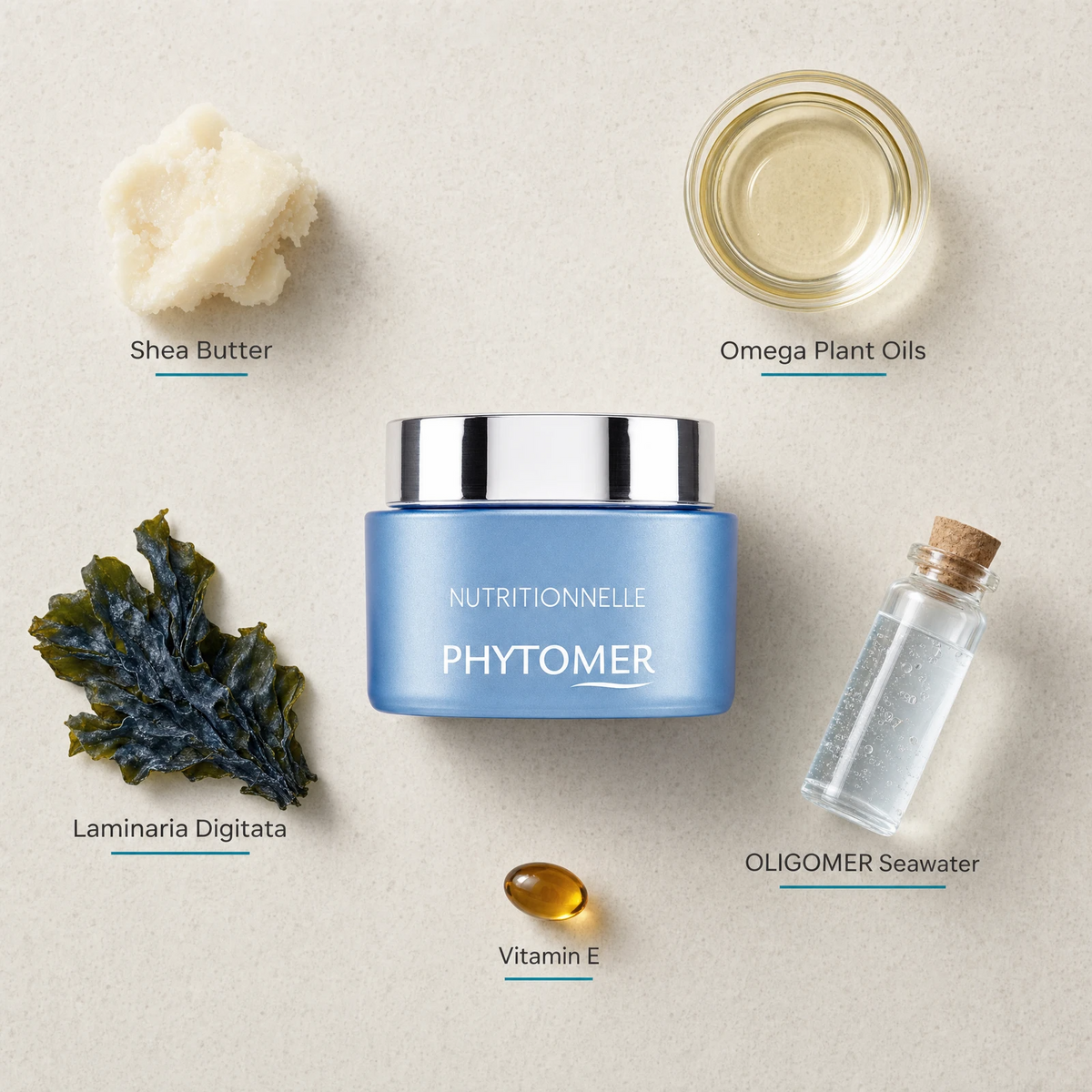 Phytomer Nutritionnelle Dry Skin Rescue Cream 50ml flatlay on limestone surface with Shea Butter, Omega Plant Oils, Laminaria Digitata, OLIGOMER Seawater, and Vitamin E