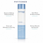 Phytomer Ogenage Toning Cleansing Emulsion 250ml with four benefit callouts: Removes Makeup Without Rinsing, Tones and Refreshes in One Step, Dual-Phase Bi-Phase Formula, Marine Minerals and Glycerin