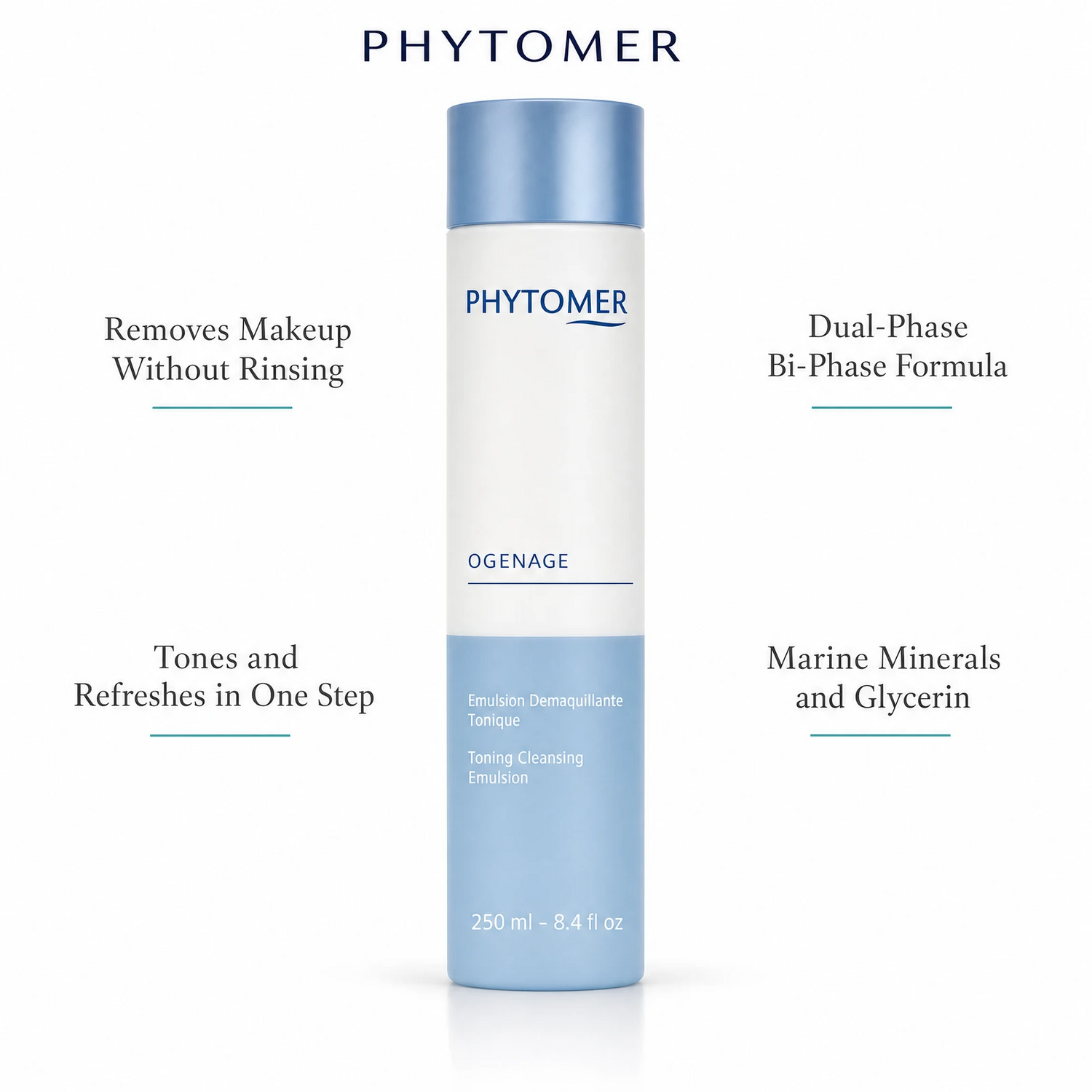 Phytomer Ogenage Toning Cleansing Emulsion 250ml with four benefit callouts: Removes Makeup Without Rinsing, Tones and Refreshes in One Step, Dual-Phase Bi-Phase Formula, Marine Minerals and Glycerin