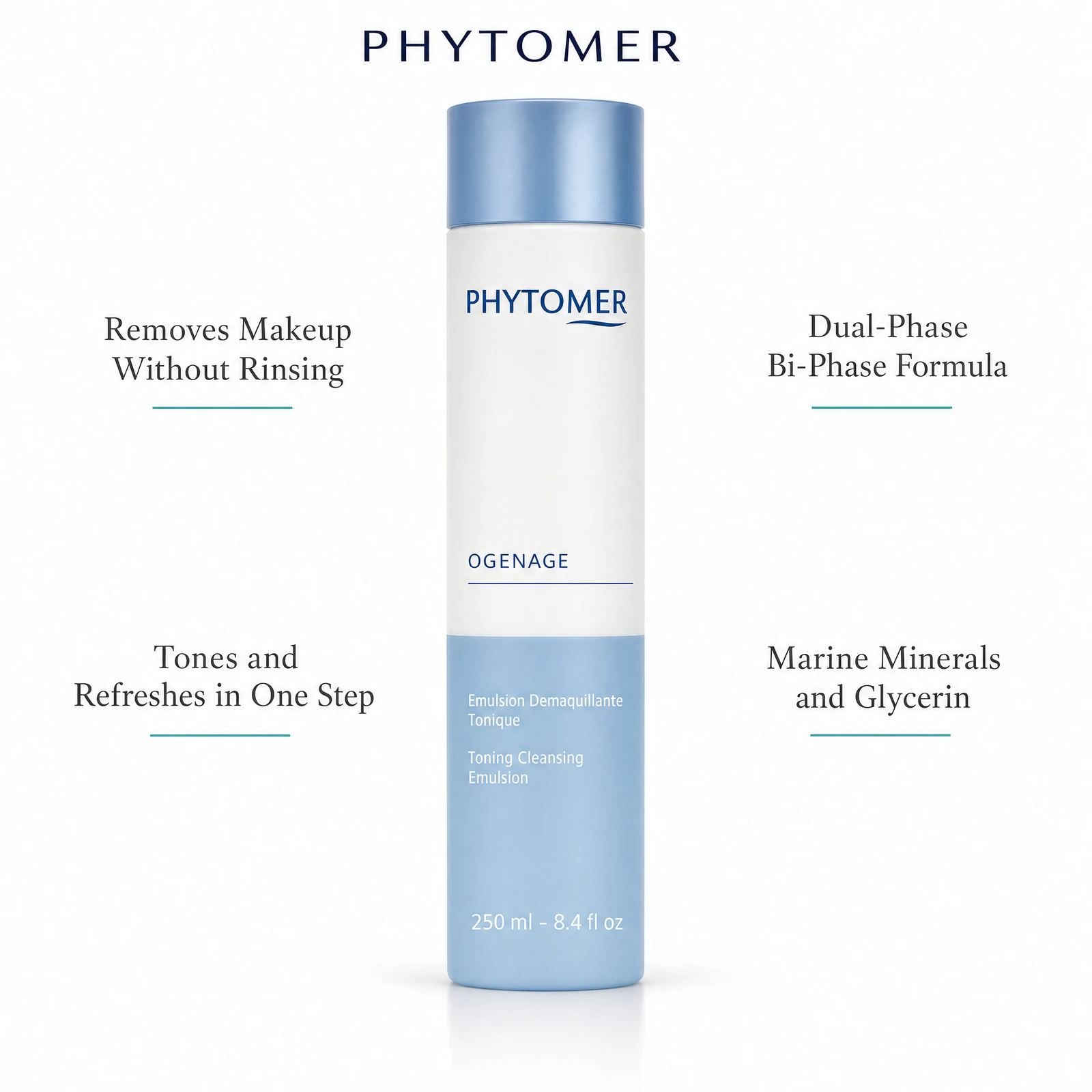 Phytomer Ogenage Toning Cleansing Emulsion 250ml with four benefit callouts: Removes Makeup Without Rinsing, Tones and Refreshes in One Step, Dual-Phase Bi-Phase Formula, Marine Minerals and Glycerin