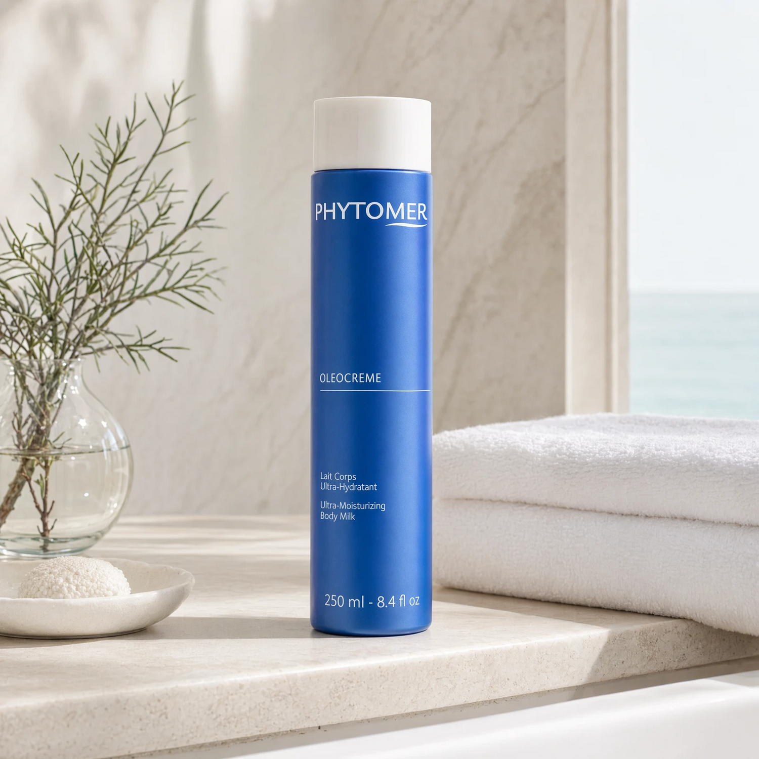 Phytomer Oleocreme Ultra-Moisturizing Body Milk 250ml on a marble bathroom ledge with white towels, glass vessel with coastal botanical and ceramic dish, premium at-home bathroom setting
