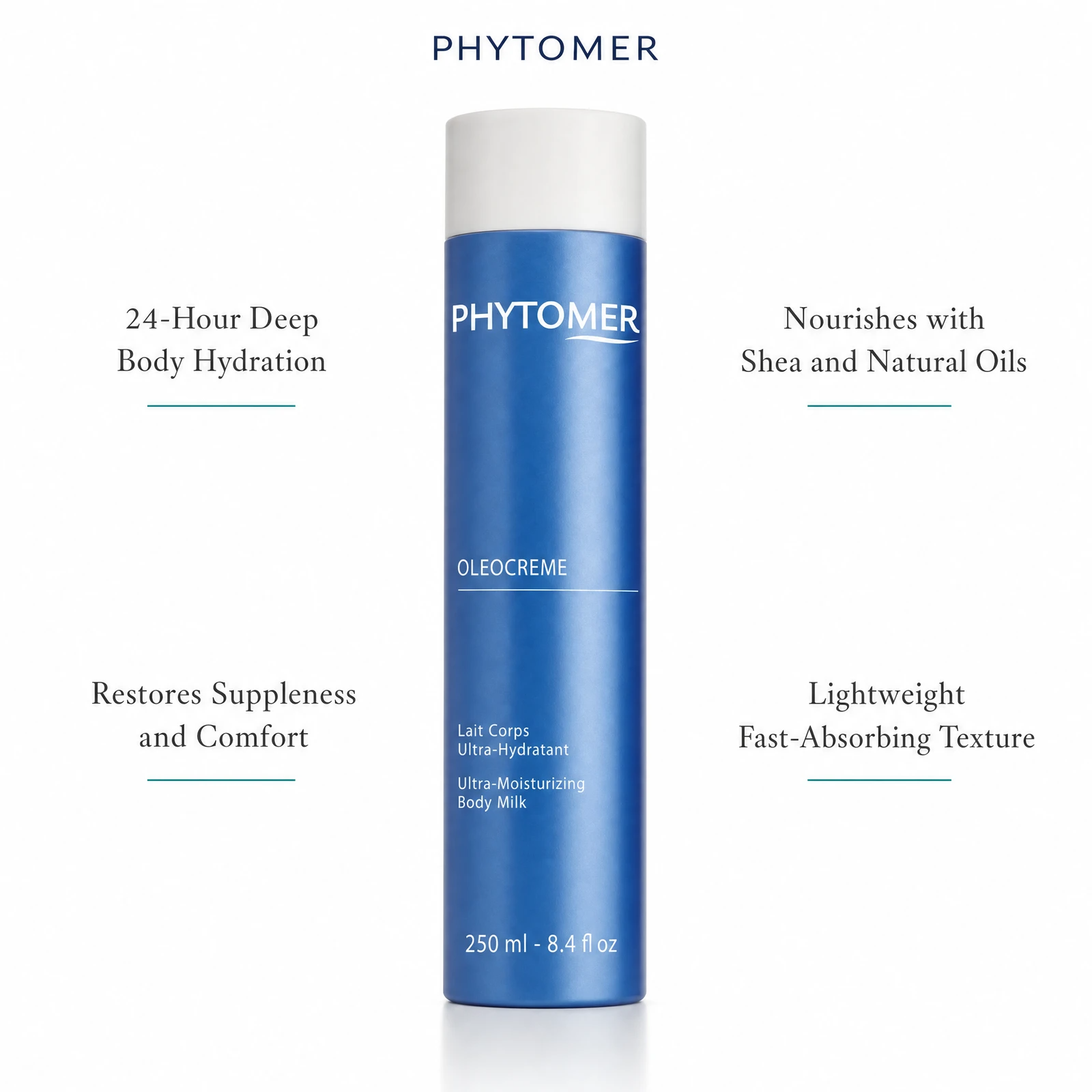 Phytomer Oleocreme Ultra-Moisturizing Body Milk 250ml with four benefit callouts: 24-Hour Deep Body Hydration, Restores Suppleness and Comfort, Nourishes with Shea and Natural Oils, Lightweight Fast-Absorbing Texture