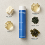 Phytomer Oleocreme Ultra-Moisturizing Body Milk 250ml flatlay on limestone surface with Shea Butter, Corn Oil, Sunflower Oil, Chlorella Extract, and Undaria Algae