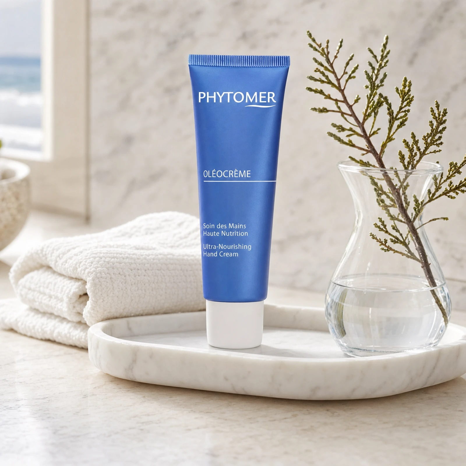 Phytomer Oleocreme Ultra-Nourishing Hand Cream 50ml on a marble bathroom tray with glass vessel with botanical, white towels and ocean view, premium at-home hand care setting