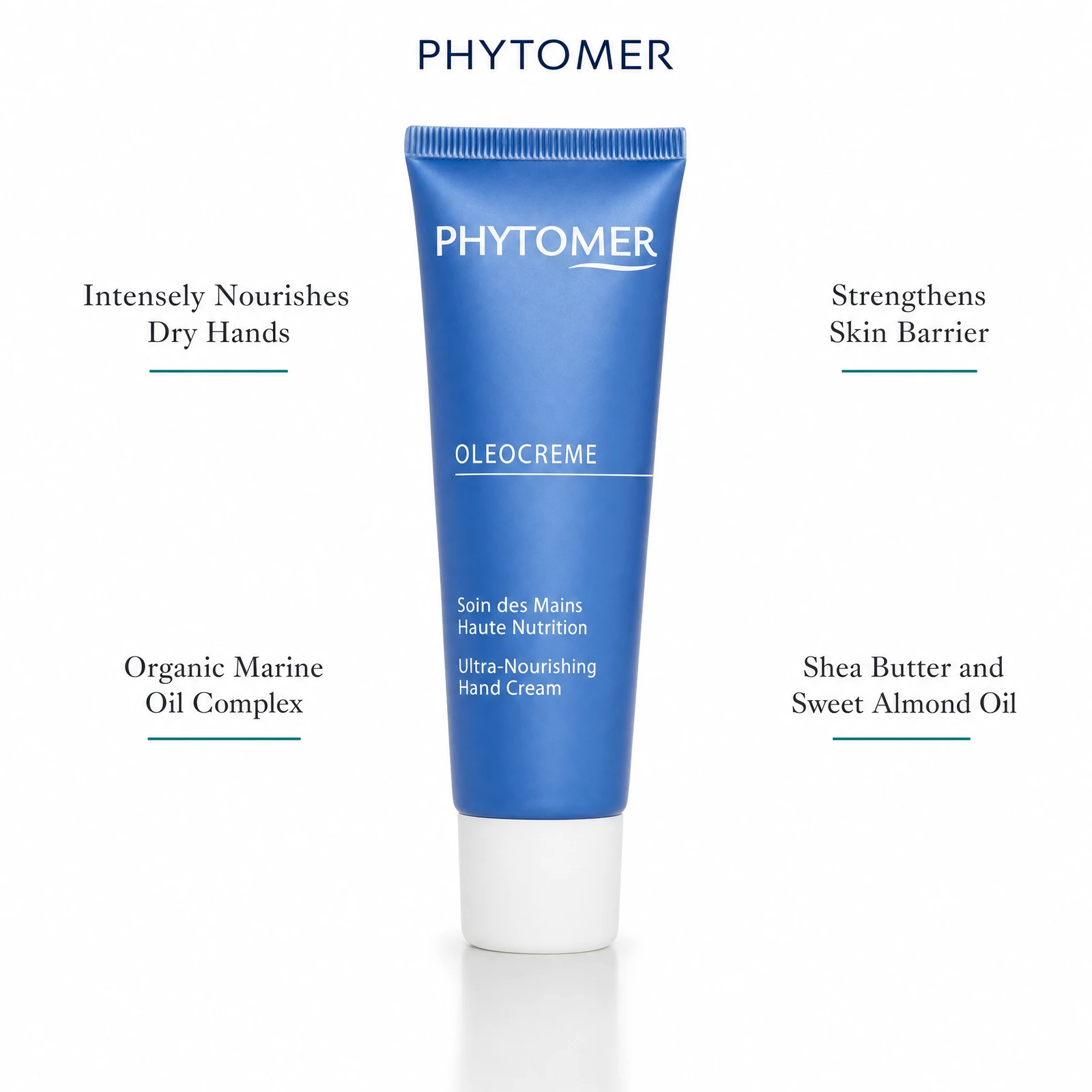 Phytomer Oleocreme Ultra-Nourishing Hand Cream 50ml with four benefit callouts: Intensely Nourishes Dry Hands, Organic Marine Oil Complex, Strengthens Skin Barrier, Shea Butter and Sweet Almond Oil