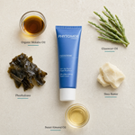 Phytomer Oleocreme Ultra-Nourishing Hand Cream 50ml flatlay on limestone surface with Organic Mekabu Oil, Glasswort Oil, Pheohydrane, Shea Butter, and Sweet Almond Oil