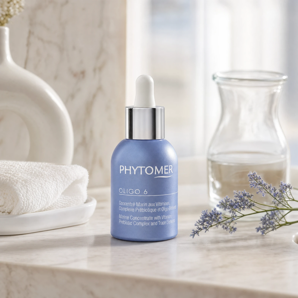 PHYTOMER Oligo 6 - Marine Concentrate with Vitamins, Prebiotics & Trace Elements 30ml on a marble bathroom vanity with lavender, glass vessel with water, white ceramic tray and white towels, premium at-home skincare setting