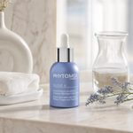 PHYTOMER Oligo 6 - Marine Concentrate with Vitamins, Prebiotics & Trace Elements 30ml on a marble bathroom vanity with lavender, glass vessel with water, white ceramic tray and white towels, premium at-home skincare setting