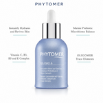 PHYTOMER Oligo 6 - Marine Concentrate with Vitamins, Prebiotics & Trace Elements 30ml with four benefit callouts: Instantly Hydrates and Revives Skin, Vitamin C, B3, B5 and E Complex, Marine Prebiotic Microbiome Balance, OLIGOMER Trace Elements