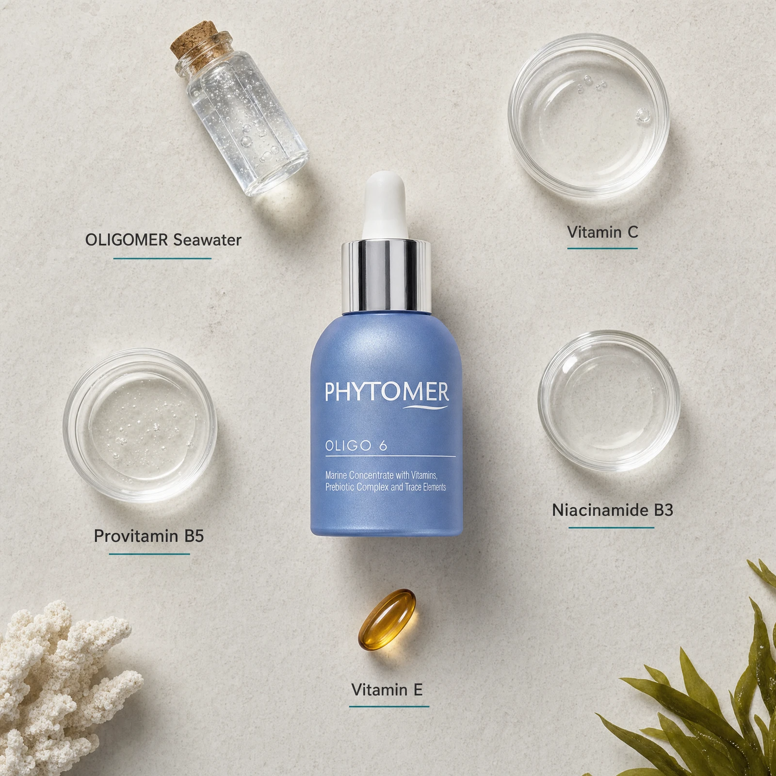 PHYTOMER Oligo 6 - Marine Concentrate with Vitamins, Prebiotics & Trace Elements 30ml flatlay on limestone surface with OLIGOMER Seawater, Vitamin C, Provitamin B5, Niacinamide B3, and Vitamin E