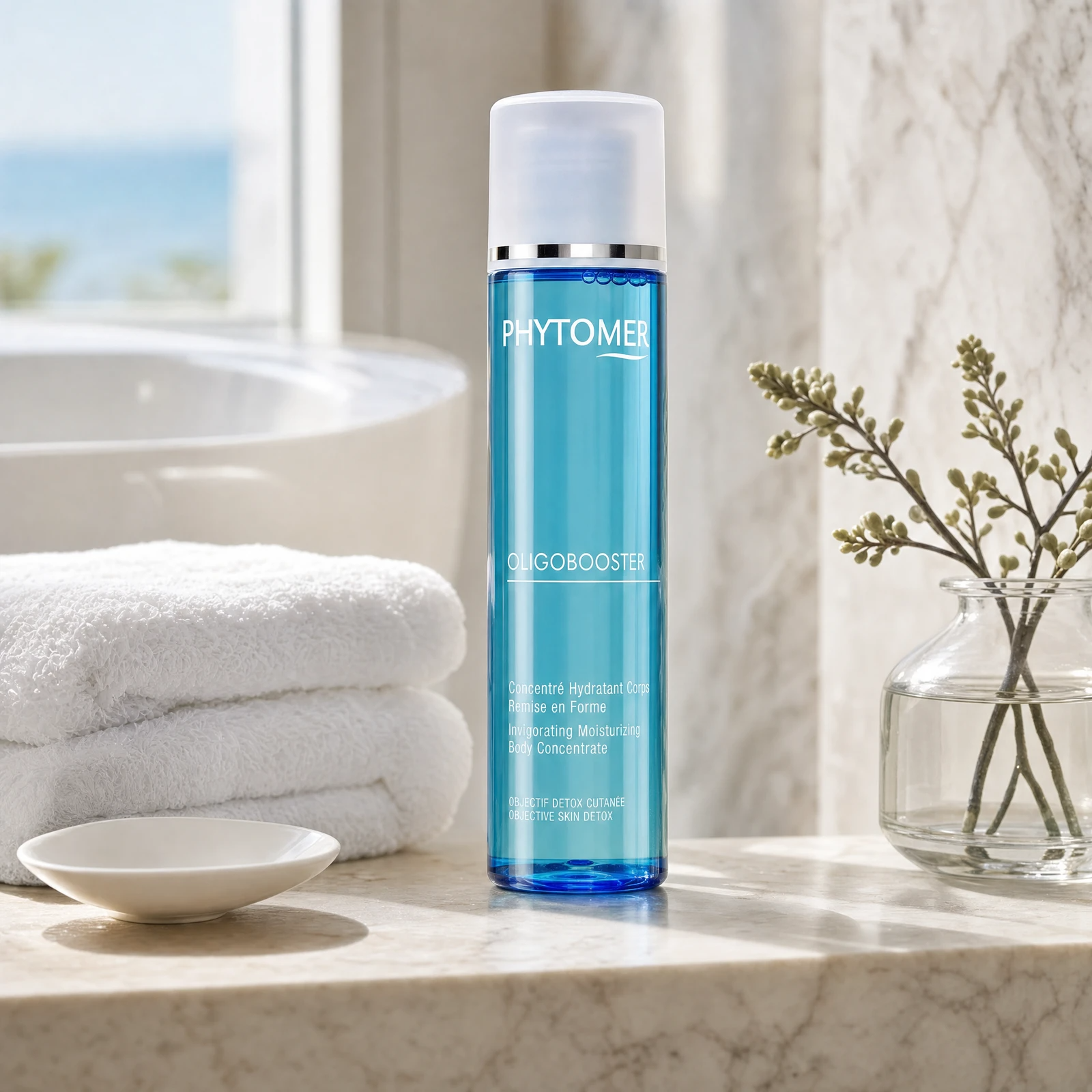 Phytomer Oligobooster Invigorating Moisturizing Body Concentrate 125ml flat lay on limestone surface in a bathroom setting