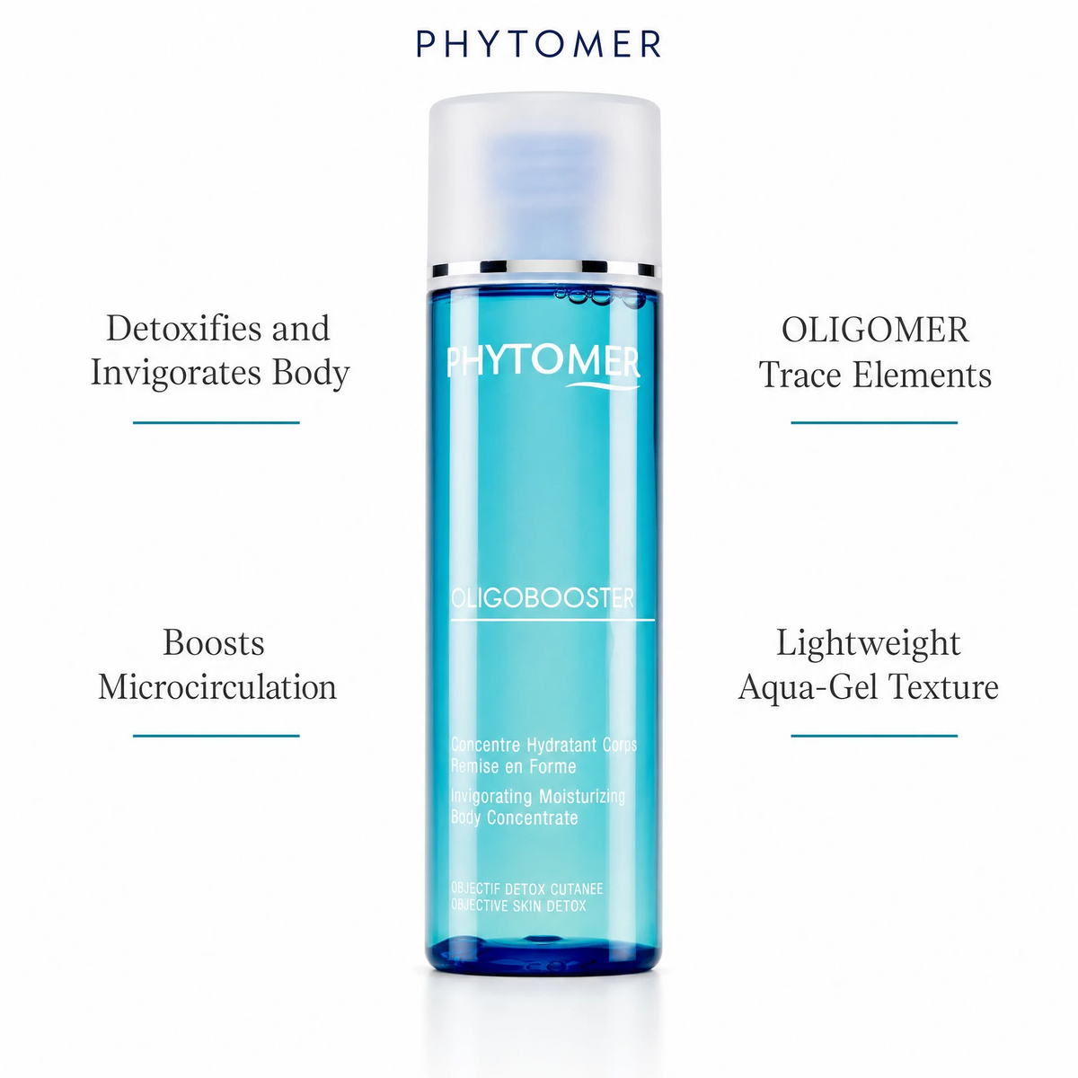 Phytomer Oligobooster Invigorating Moisturizing Body Concentrate 125ml flatlay on limestone surface with benefirt call outs