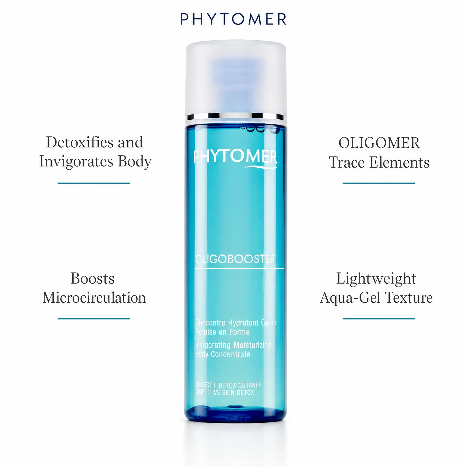 Phytomer Oligobooster Invigorating Moisturizing Body Concentrate 125ml flatlay on limestone surface with benefirt call outs