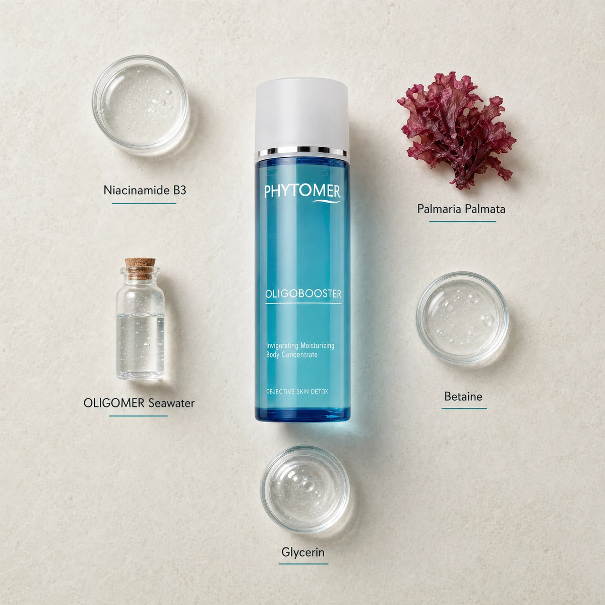 Phytomer Oligobooster Invigorating Moisturizing Body Concentrate 125ml flatlay on limestone surface with Niacinamide B3, Palmaria Palmata, OLIGOMER Seawater, Betaine, and Glycerin