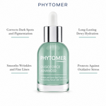 Phytomer Oligoforce Advanced Serum 30ml with four benefit callouts: Corrects Dark Spots and Pigmentation, Smooths Wrinkles and Fine Lines, Long-Lasting Dewy Hydration, Protects Against Oxidative Stress
