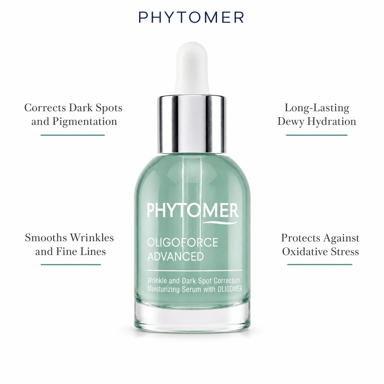 Phytomer Oligoforce Advanced Serum 30ml with four benefit callouts: Corrects Dark Spots and Pigmentation, Smooths Wrinkles and Fine Lines, Long-Lasting Dewy Hydration, Protects Against Oxidative Stress