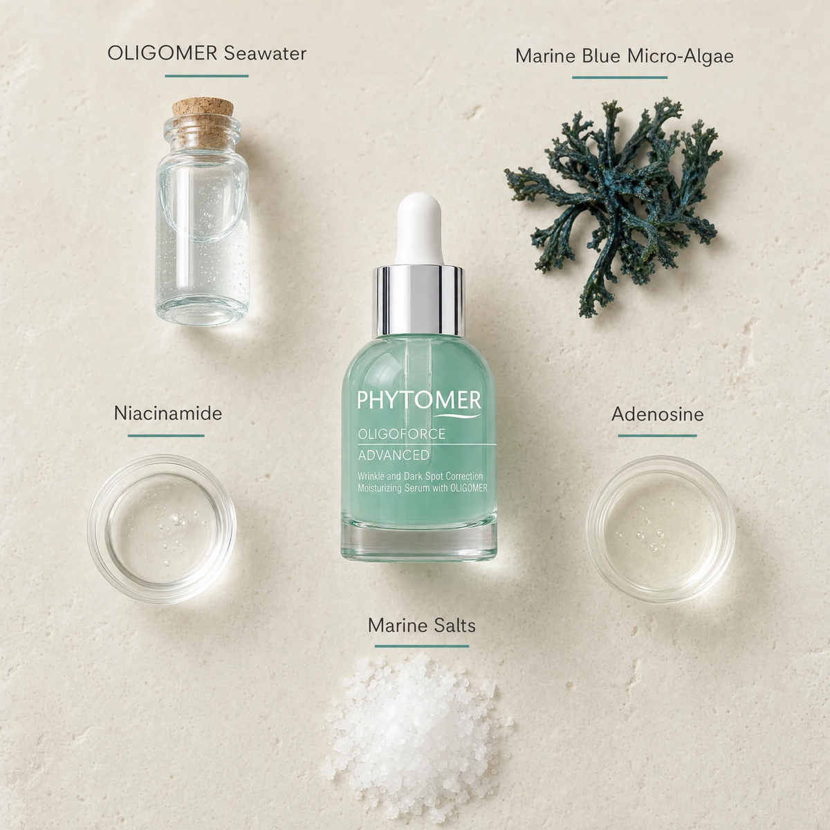 Phytomer Oligoforce Advanced Serum 30ml flatlay on limestone surface with OLIGOMER Seawater, Marine Blue Micro-Algae, Niacinamide, Adenosine, and Marine Salts