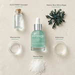 Phytomer Oligoforce Advanced Serum 30ml flatlay on limestone surface with OLIGOMER Seawater, Marine Blue Micro-Algae, Niacinamide, Adenosine, and Marine Salts