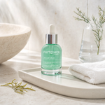 Phytomer Oligoforce Soothing Enforcement Serum with OLIGOMER 30ml on a marble bathroom tray with coastal botanical in glass vessel, white towels and ceramic bowl, premium at-home skincare setting