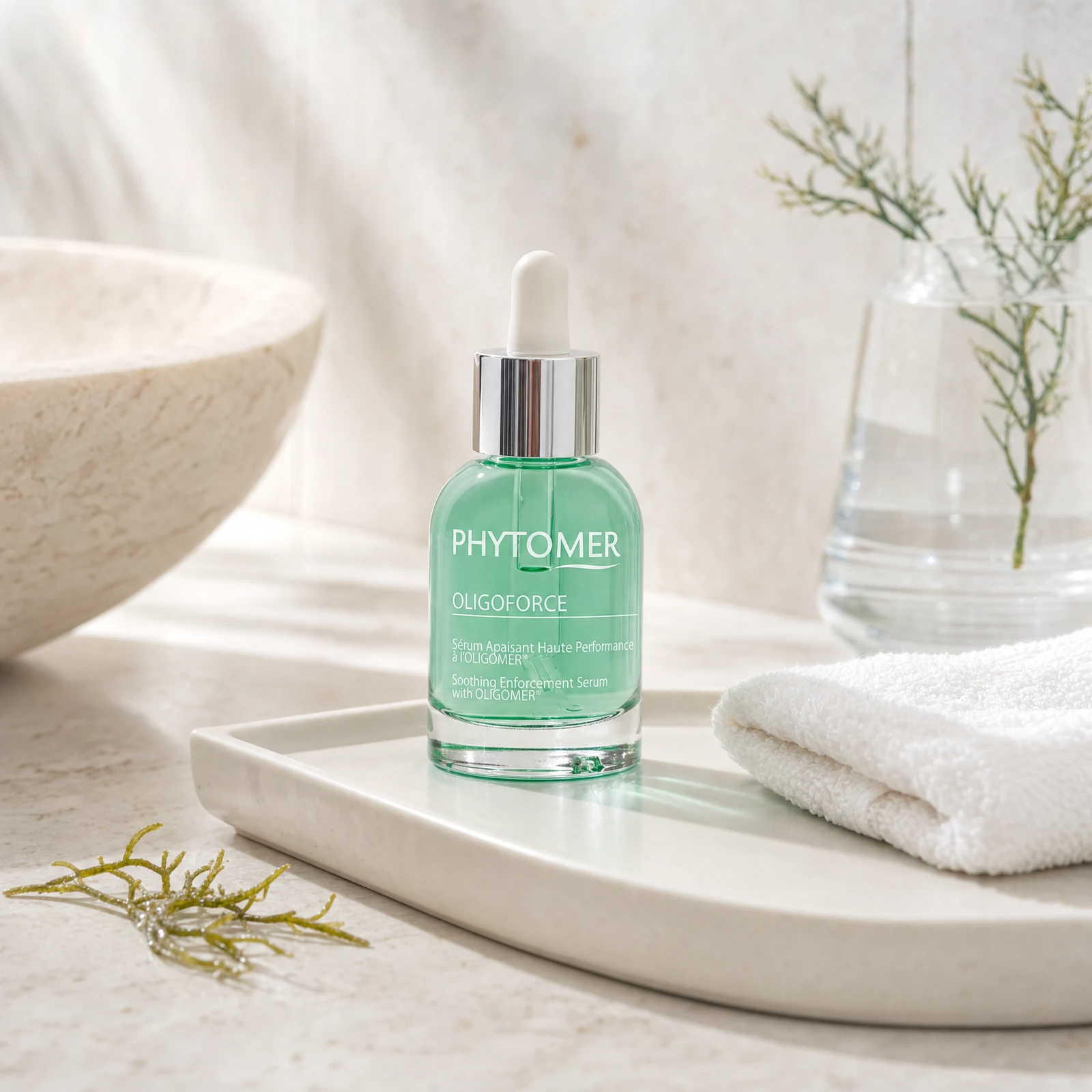 Phytomer Oligoforce Soothing Enforcement Serum with OLIGOMER 30ml on a marble bathroom tray with coastal botanical in glass vessel, white towels and ceramic bowl, premium at-home skincare setting