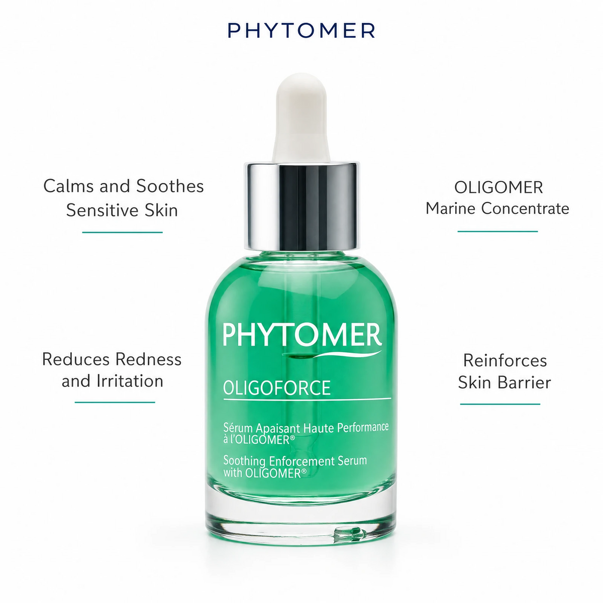 Phytomer Oligoforce Soothing Enforcement Serum with OLIGOMER 30ml with four benefit callouts: Calms and Soothes Sensitive Skin, Reduces Redness and Irritation, OLIGOMER Marine Concentrate, Reinforces Skin Barrier
