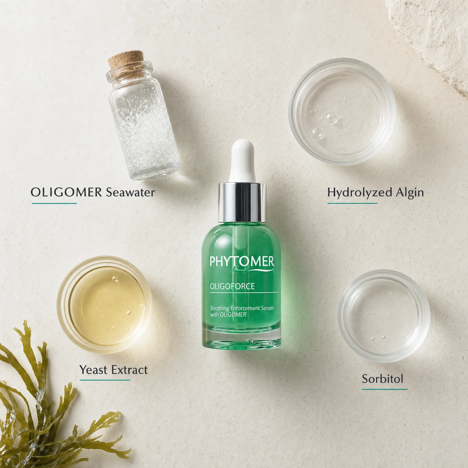 Phytomer Oligoforce Soothing Enforcement Serum with OLIGOMER 30ml flatlay on limestone surface with OLIGOMER Seawater, Hydrolyzed Algin, Yeast Extract, and Sorbitol