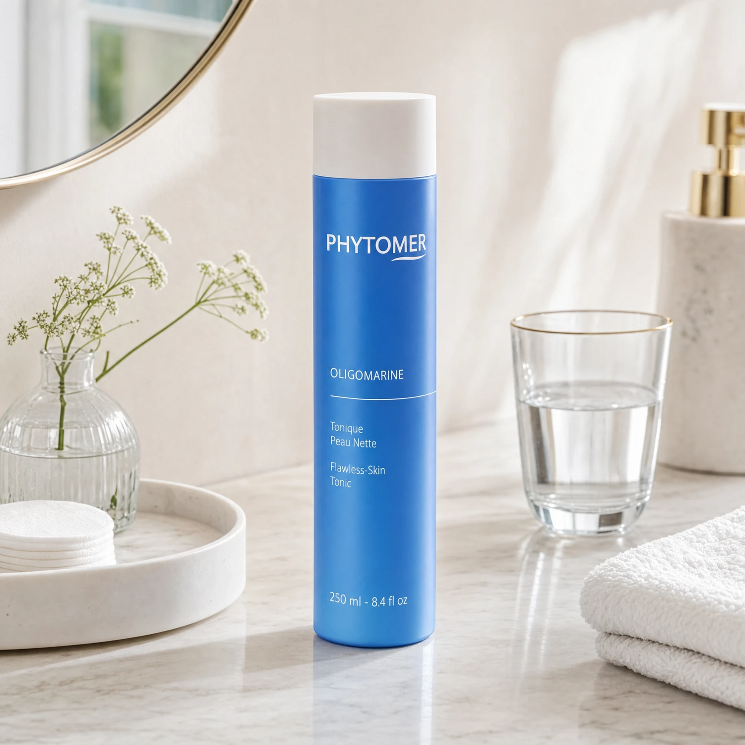 Phytomer Oligomarine Flawless Skin Tonic 250ml on a marble bathroom vanity with botanical in glass vessel, cotton pads, glass of water and white towels, premium at-home skincare setting