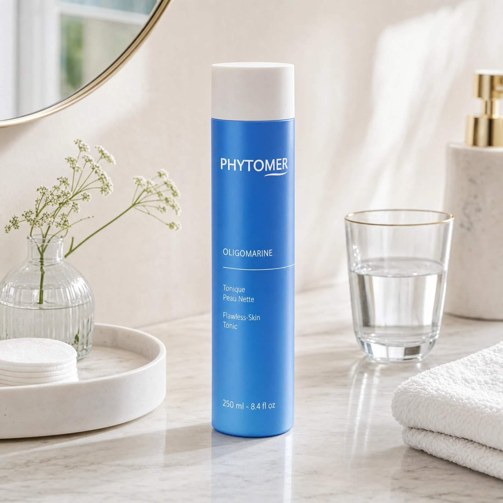 Phytomer Oligomarine Flawless Skin Tonic 250ml on a marble bathroom vanity with botanical in glass vessel, cotton pads, glass of water and white towels, premium at-home skincare setting
