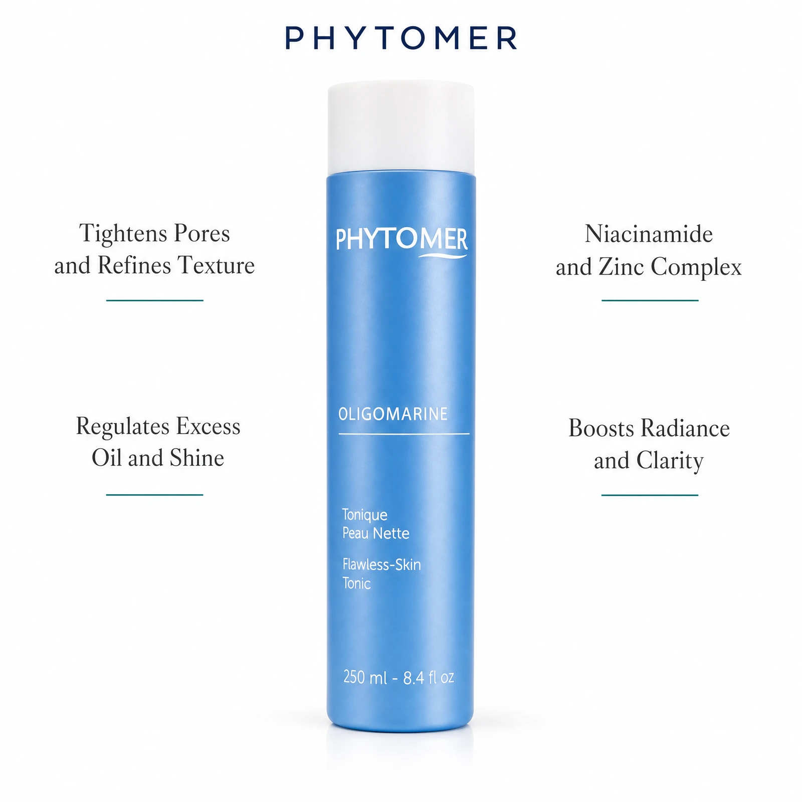 Phytomer Oligomarine Flawless Skin Tonic 250ml with four benefit callouts: Tightens Pores and Refines Texture, Regulates Excess Oil and Shine, Niacinamide and Zinc Complex, Boosts Radiance and Clarity