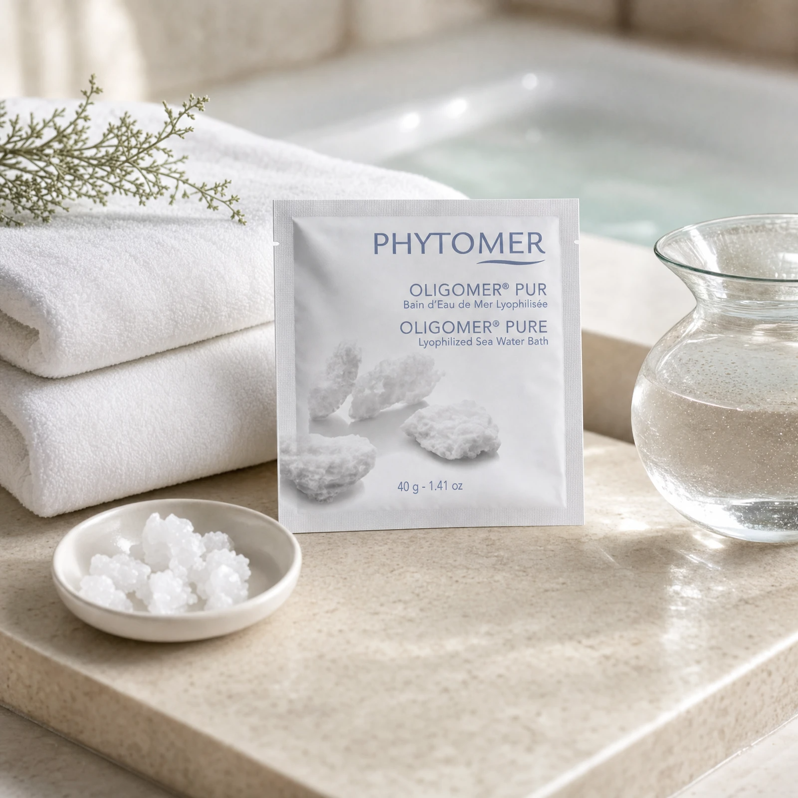 Phytomer Oligomer Pure Lyophilized Sea Water Bath sachet on a marble bath surround with white towels, mineral crystal dish, glass vessel and coastal botanical, premium at-home spa setting