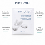 Phytomer Oligomer Pure Lyophilized Sea Water Bath with four benefit callouts: Remineralises with Marine Trace Elements, Relieves Fatigue and Stress, Spa-Grade Balneotherapy at Home, Pure Lyophilised Seawater