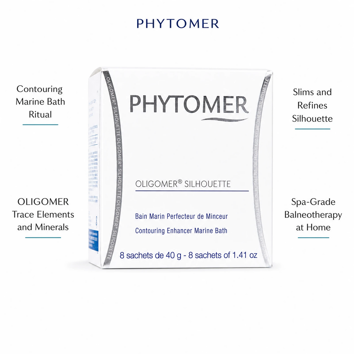 Phytomer Oligomer Silhouette Contouring Enhancer Marine Bath 8 sachets with four benefit callouts: Contouring Marine Bath Ritual, OLIGOMER Trace Elements and Minerals, Slims and Refines Silhouette, Spa-Grade Balneotherapy at Home