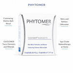 Phytomer Oligomer Silhouette Contouring Enhancer Marine Bath 8 sachets with four benefit callouts: Contouring Marine Bath Ritual, OLIGOMER Trace Elements and Minerals, Slims and Refines Silhouette, Spa-Grade Balneotherapy at Home