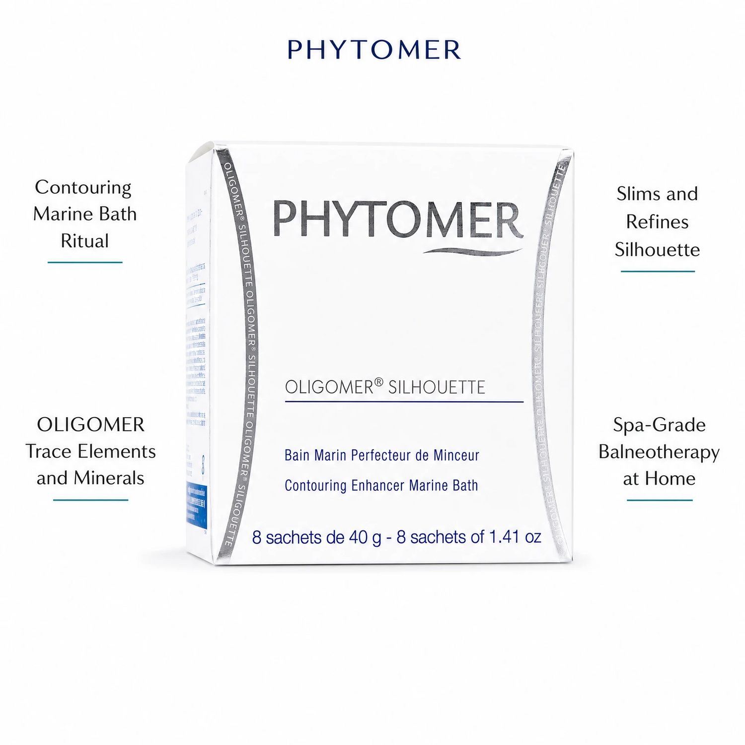Phytomer Oligomer Silhouette Contouring Enhancer Marine Bath 8 sachets with four benefit callouts: Contouring Marine Bath Ritual, OLIGOMER Trace Elements and Minerals, Slims and Refines Silhouette, Spa-Grade Balneotherapy at Home