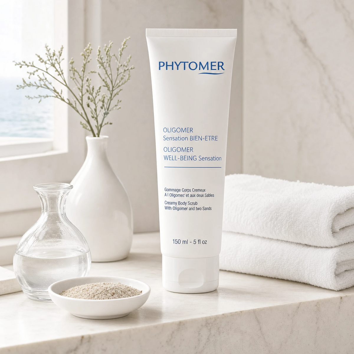 Phytomer Oligomer Well-Being Sensation Creamy Body Scrub with Two Sands 150ml on a marble bath surround with sand in ceramic dish, botanical in white vase, glass vessel and white towels, premium at-home body care setting