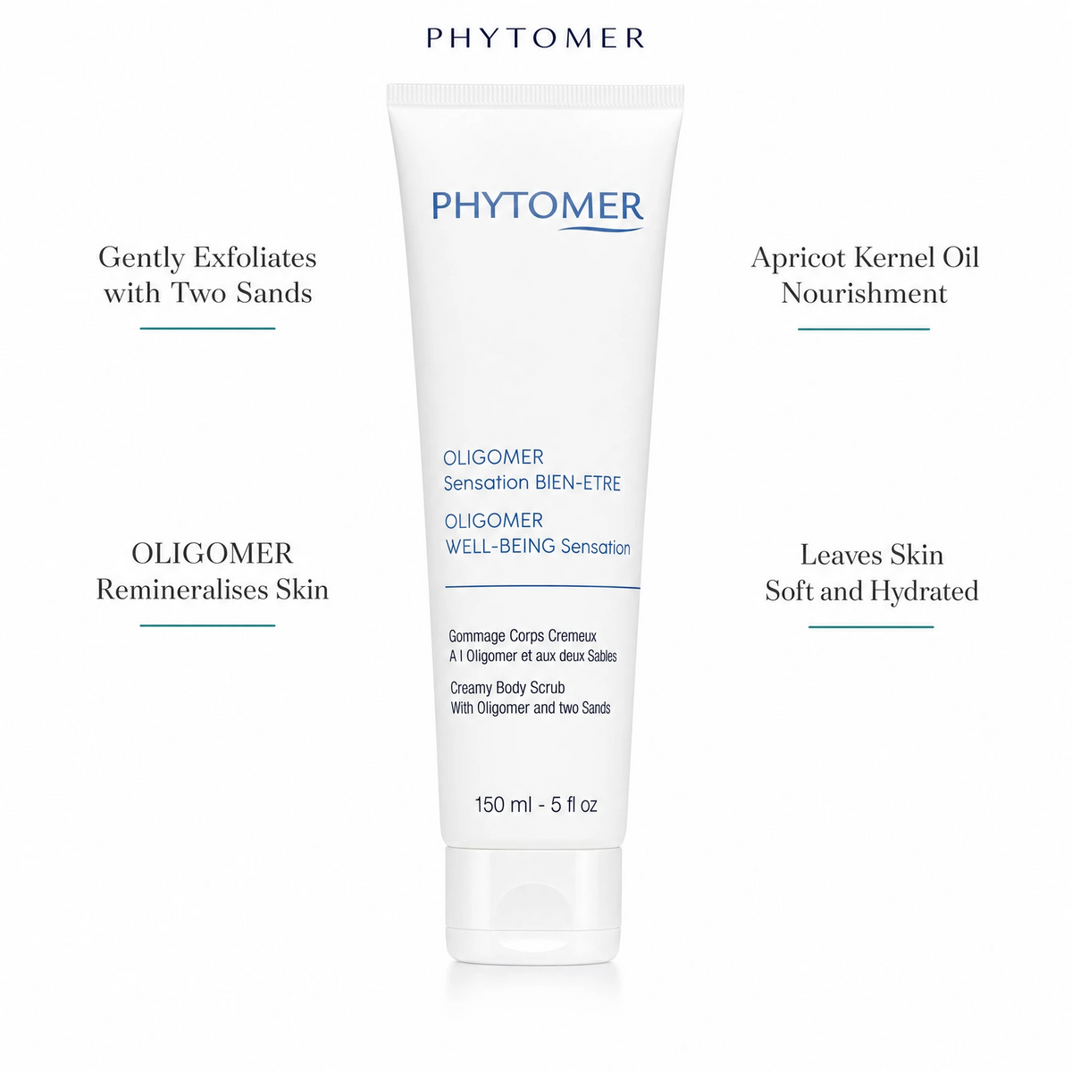 Phytomer Oligomer Well-Being Sensation Creamy Body Scrub 150ml with four benefit callouts: Gently Exfoliates with Two Sands, OLIGOMER Remineralises Skin, Apricot Kernel Oil Nourishment, Leaves Skin Soft and Hydrated