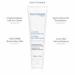 Phytomer Oligomer Well-Being Sensation Creamy Body Scrub 150ml with four benefit callouts: Gently Exfoliates with Two Sands, OLIGOMER Remineralises Skin, Apricot Kernel Oil Nourishment, Leaves Skin Soft and Hydrated