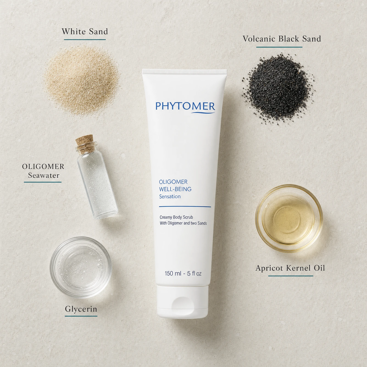 Phytomer Oligomer Well-Being Sensation Creamy Body Scrub 150ml flatlay on limestone surface with White Sand, Volcanic Black Sand, OLIGOMER Seawater, Apricot Kernel Oil, and Glycerin