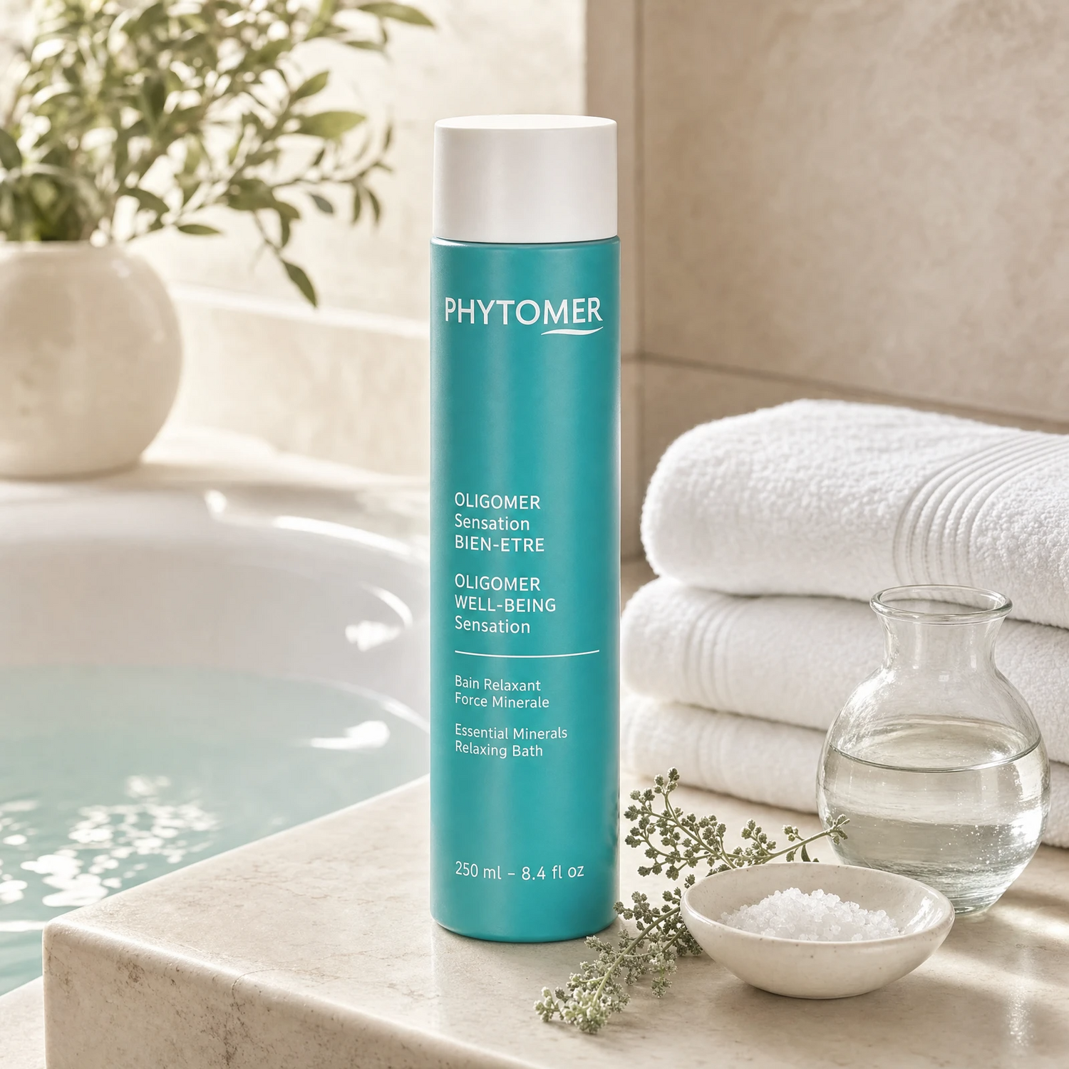 Phytomer Oligomer Sensation Well-Being Sensation bath product in a turquoise bottle with a white cap, styled on a bathroom counter with white towels, a glass vase of water, and a small dish of bath salts.