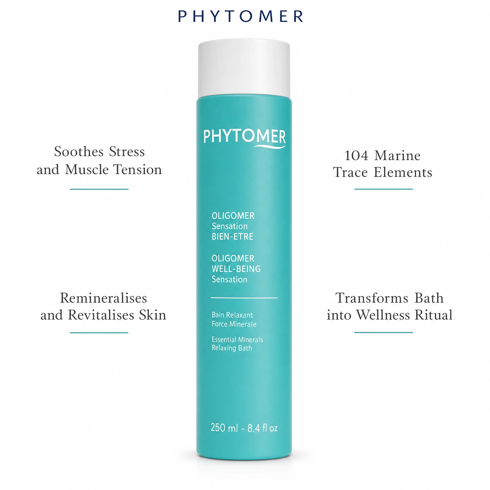 Phytomer Oligomer Well-Being Sensation Essential Minerals Relaxing Bath 250ml with four benefit callouts: Soothes Stress and Muscle Tension, Remineralises and Revitalises Skin, 104 Marine Trace Elements, Transforms Bath into Wellness Ritual