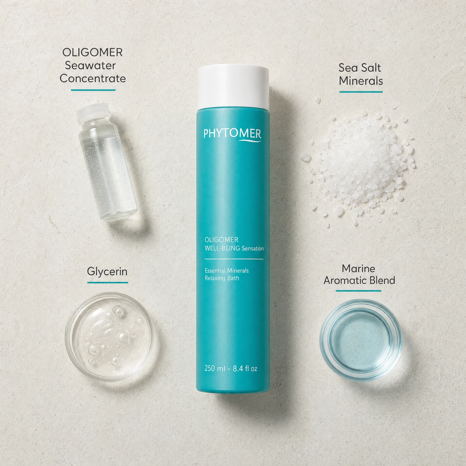 Phytomer Oligomer Well-Being Sensation Essential Minerals Relaxing Bath 250ml flatlay on limestone surface with OLIGOMER Seawater Concentrate, Sea Salt Minerals, Glycerin, and Marine Aromatic Blend